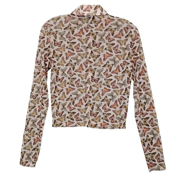 Stradivarius Semi Sheer Button Down Shirt Small Butterfly Print Long Sleeve - Picture 5 of 7